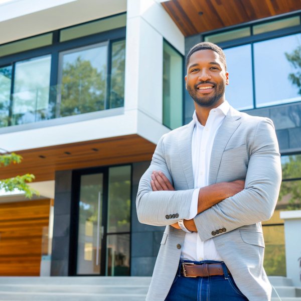Confident African American man real estate agent stands proudly outside a modern home, radiating expertise and approachability, ready to assist potential house buyers Confident African American man real estate agent stands proudly outside a modern home, radiating expertise and approachability, ready to assist potential house buyers